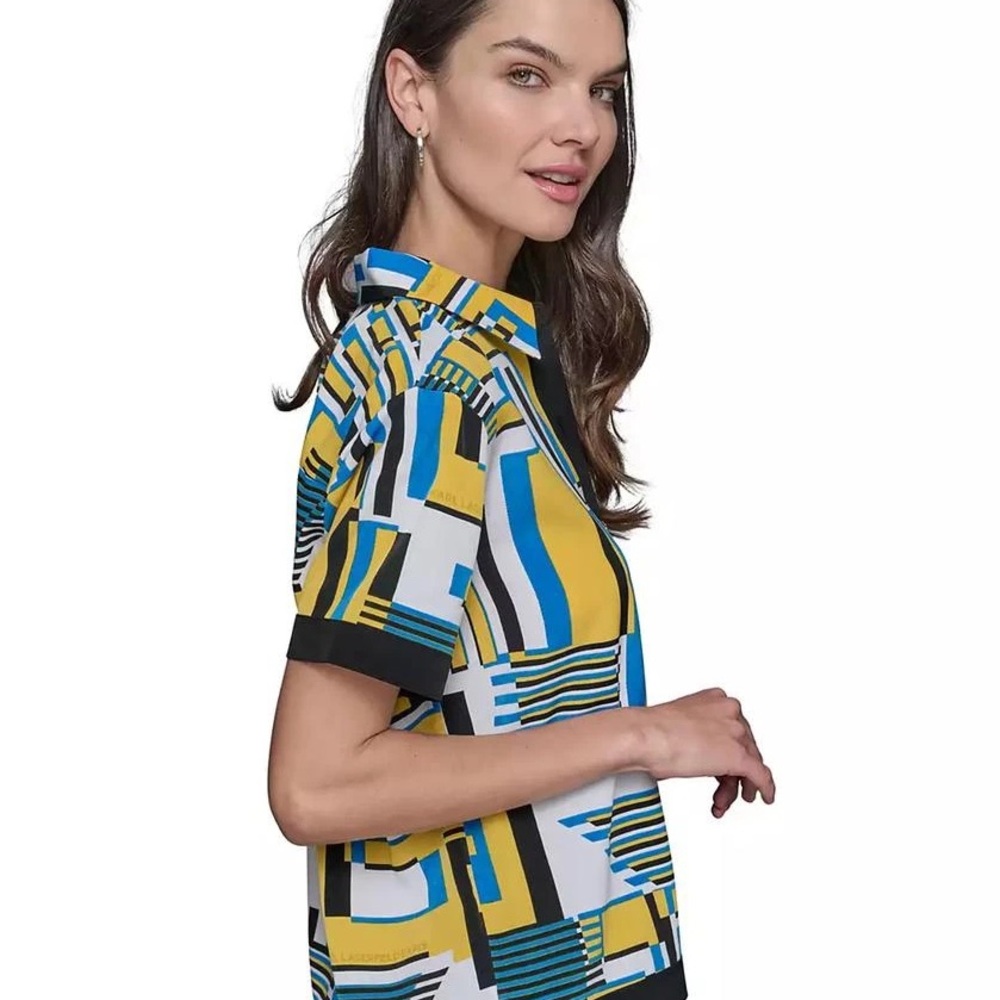 Karl Lagerfeld Women's Abstract-Print Button-Down Short-Sleeve Top - Picture 3 of 9